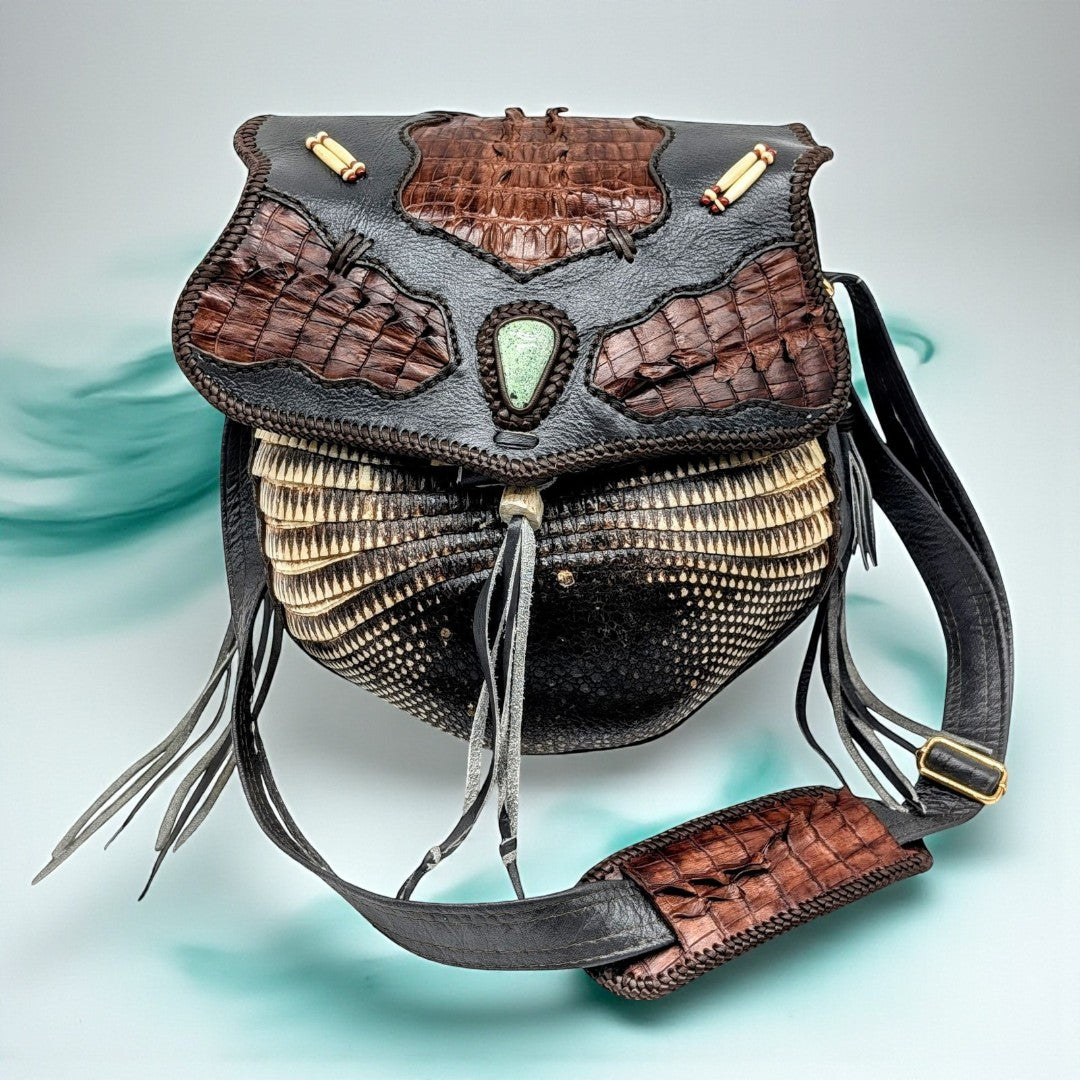 Bohemian Armadillo Shell Alligator Tail Flap Whipstitch Leather Bag with Turquoise Stone, Antler Bone Closure and Fringe