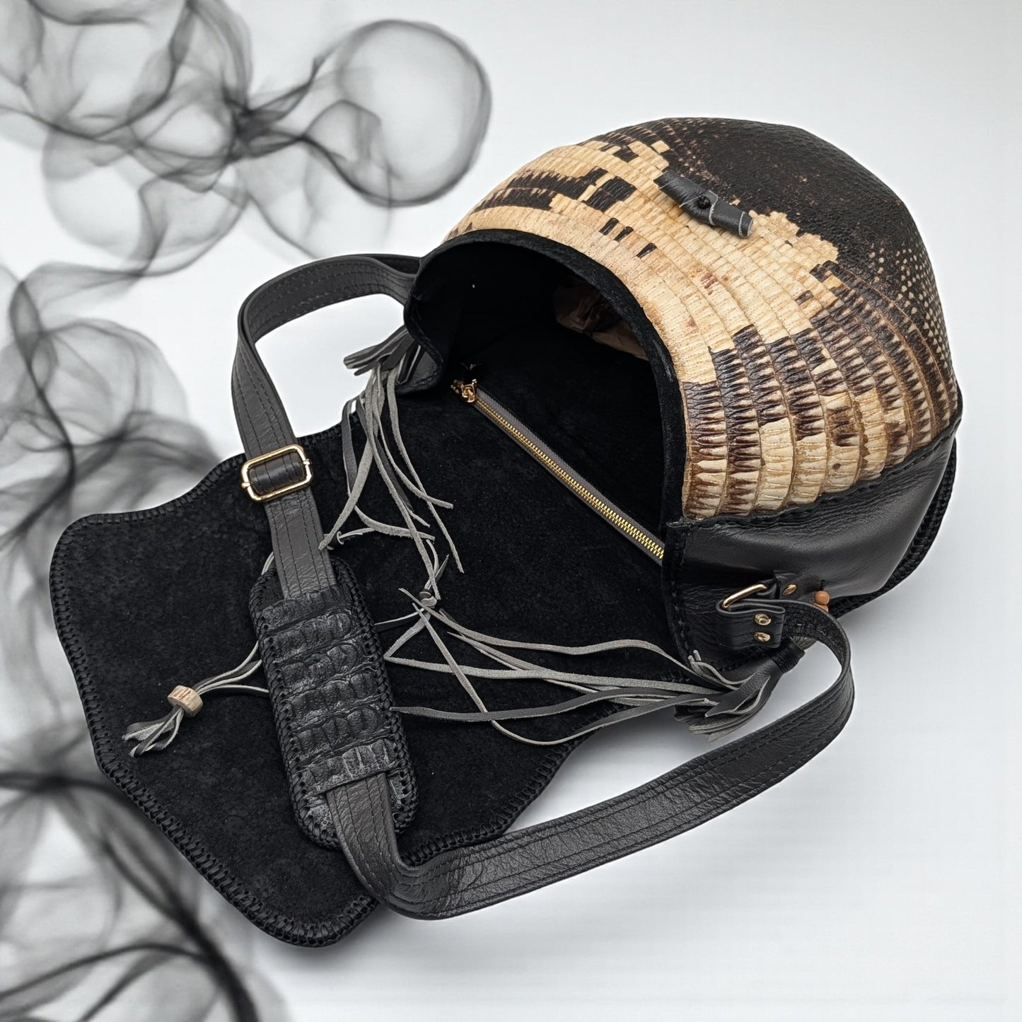 Artisan Armadillo Shell Bag with Alligator Hornback Crown, Obsidian Stone & Antler – One of a Kind