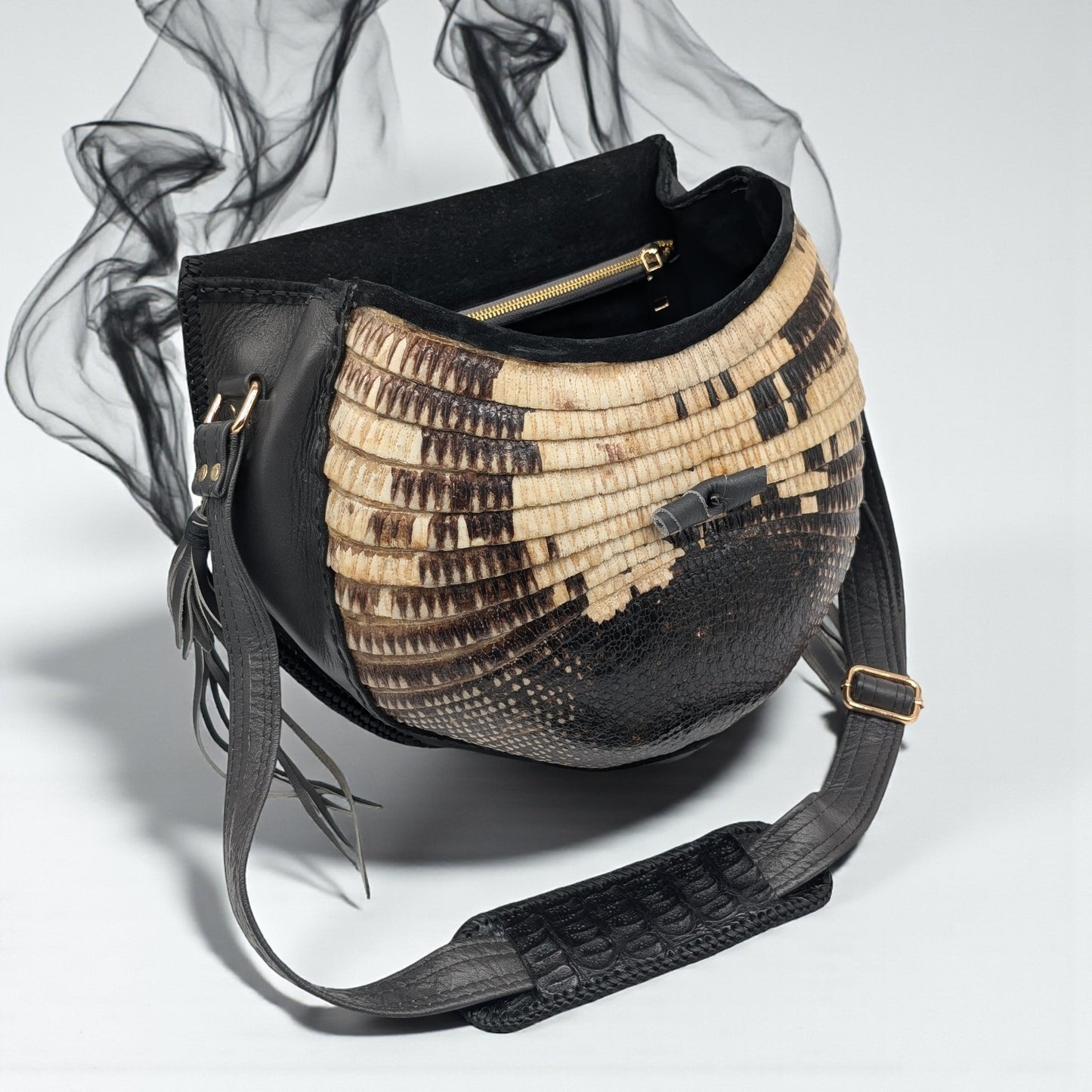 Artisan Armadillo Shell Bag with Alligator Hornback Crown, Obsidian Stone & Antler – One of a Kind