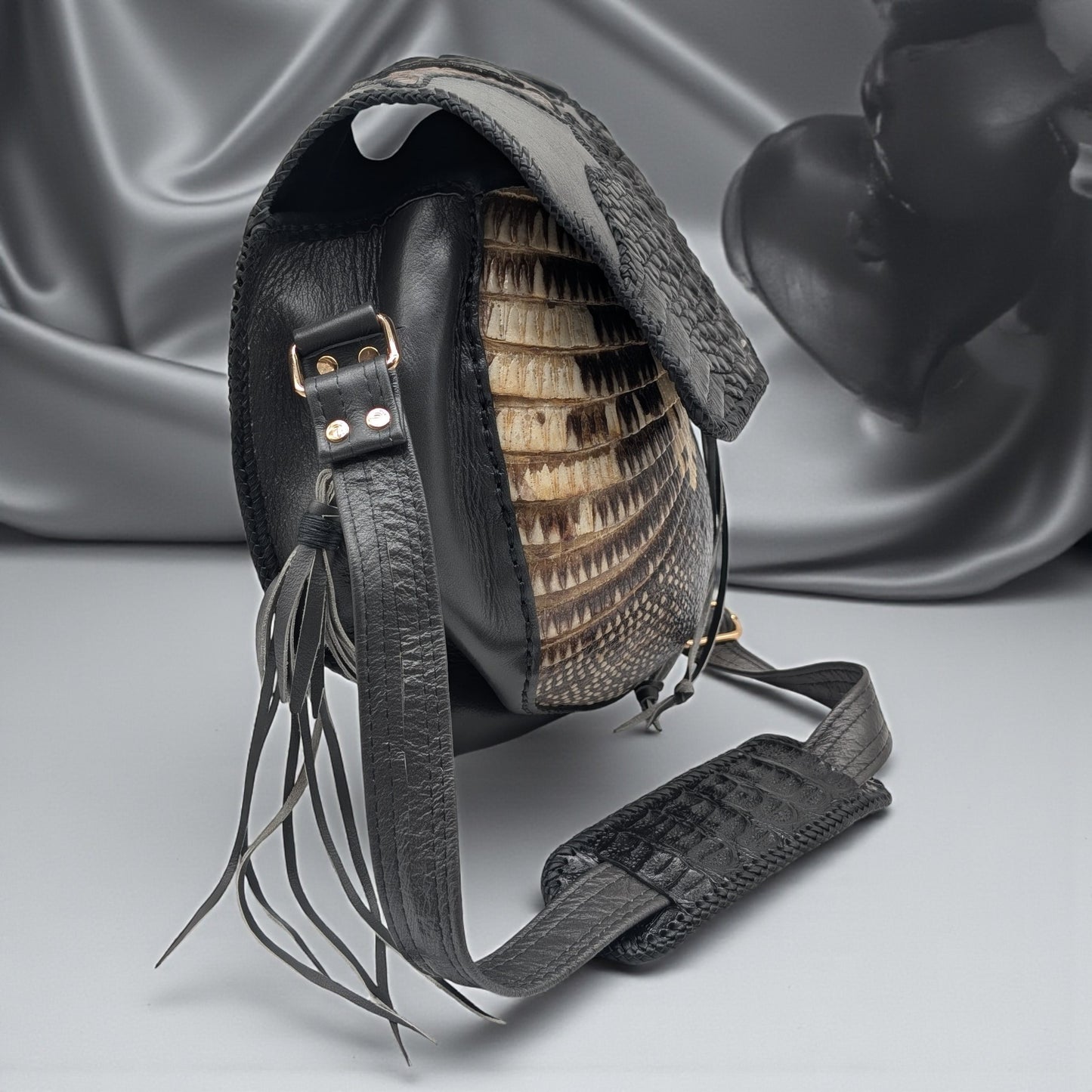 Artisan Armadillo Shell Bag with Alligator Hornback Crown, Obsidian Stone & Antler – One of a Kind