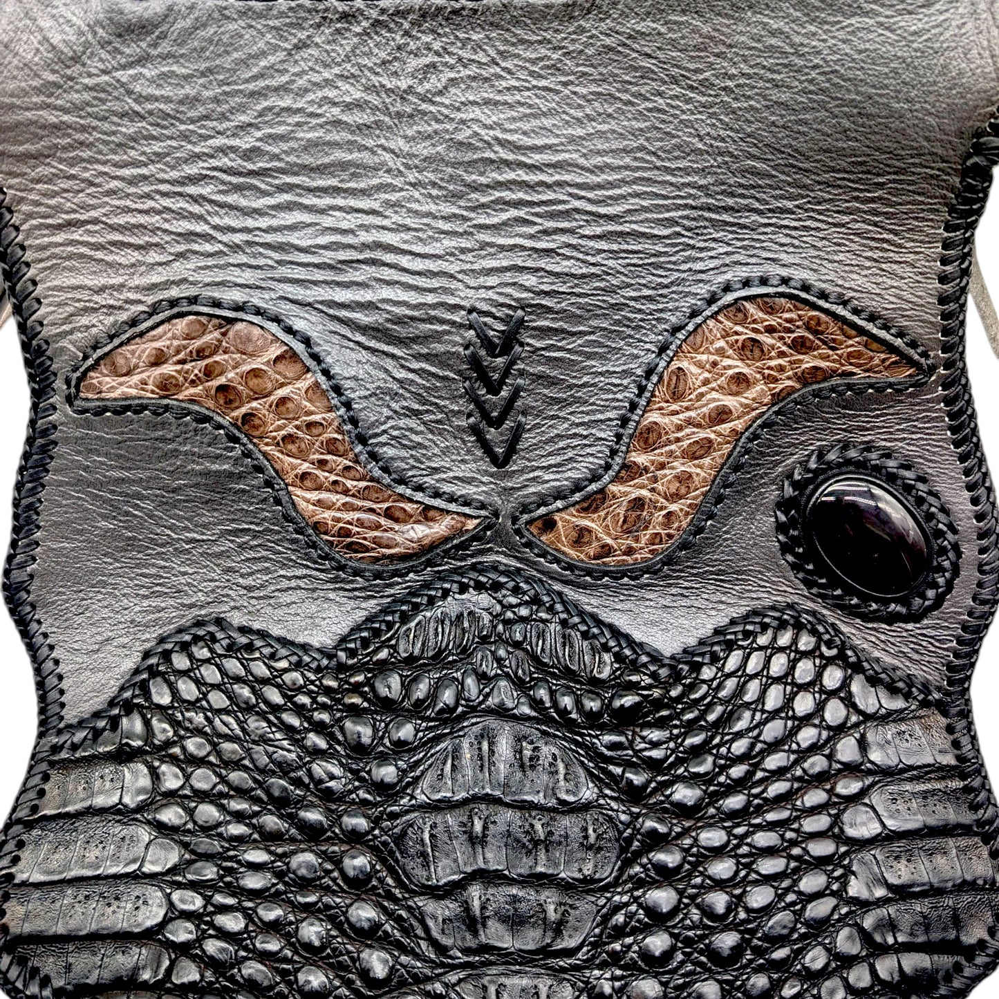Artisan Armadillo Shell Bag with Alligator Hornback Crown, Obsidian Stone & Antler – One of a Kind