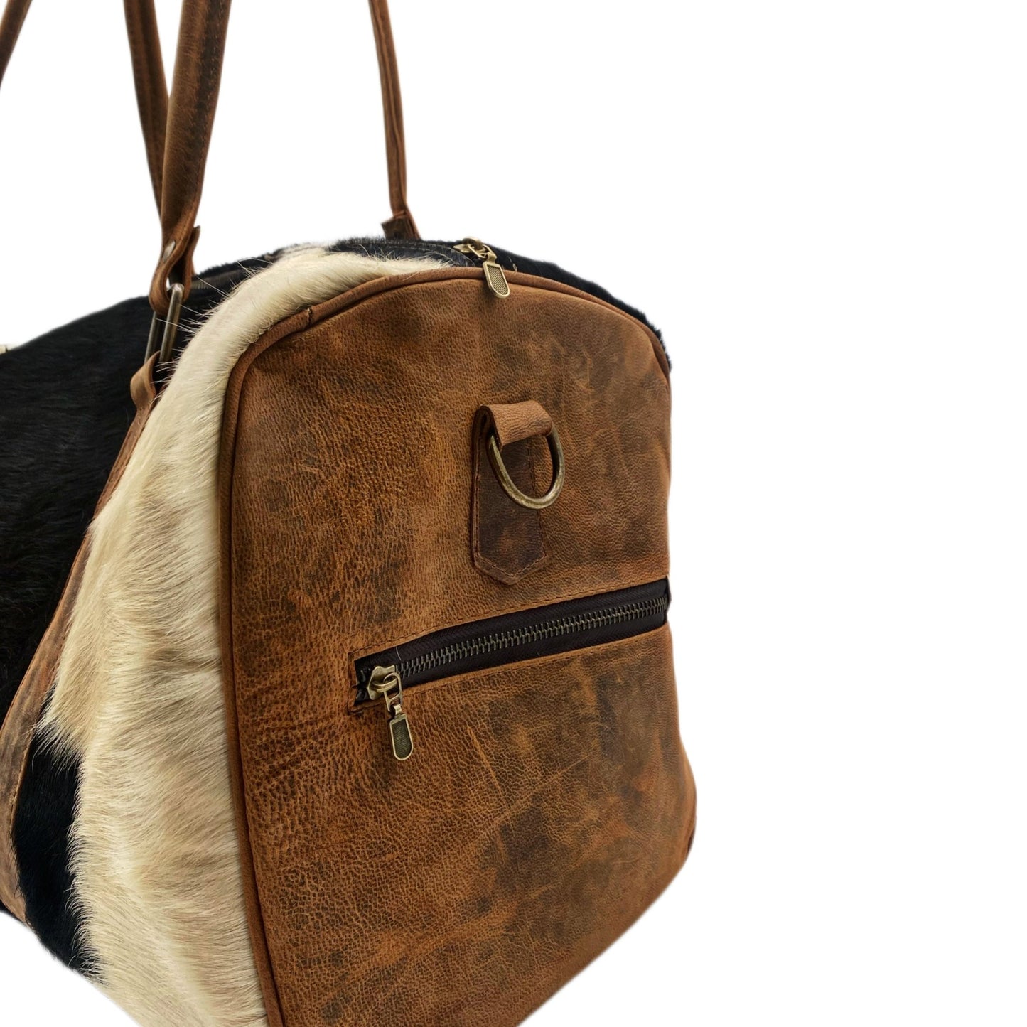 Black and White Spotted Cowhide Genuine Distressed Leather Barrel Duffel Bag - Sobék