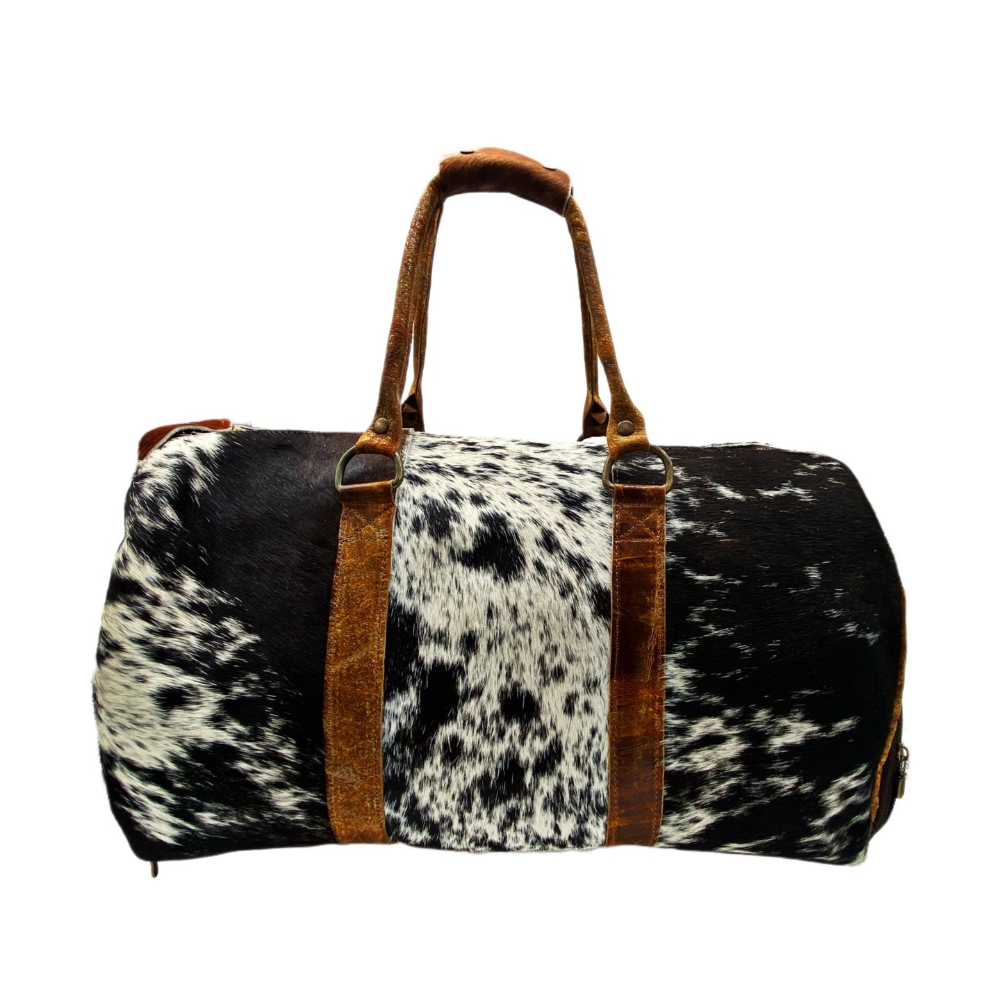 Black and White Spotted Cowhide Genuine Distressed Leather Barrel Duffel Bag - Sobék