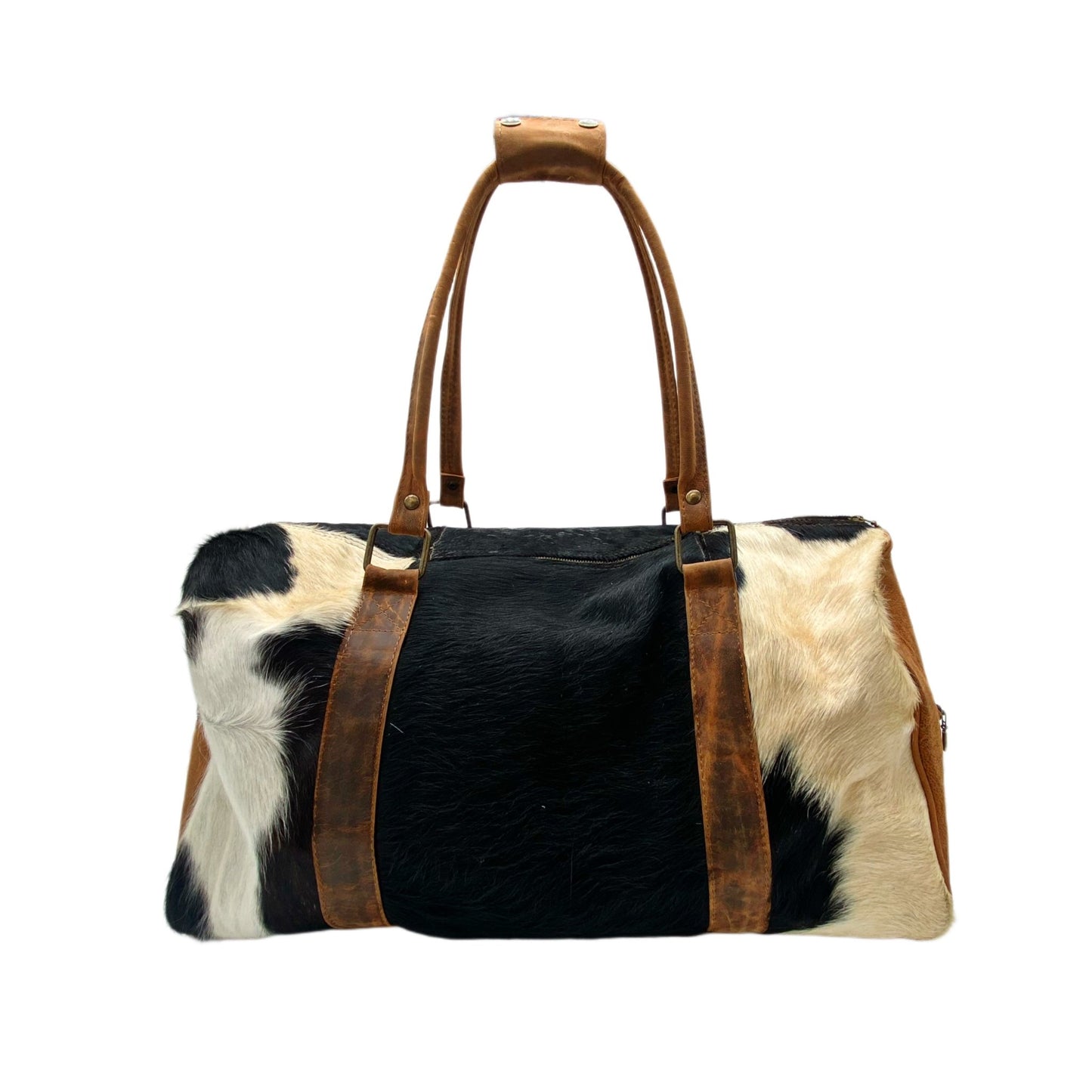 Black and White Spotted Cowhide Genuine Distressed Leather Barrel Duffel Bag - Sobék