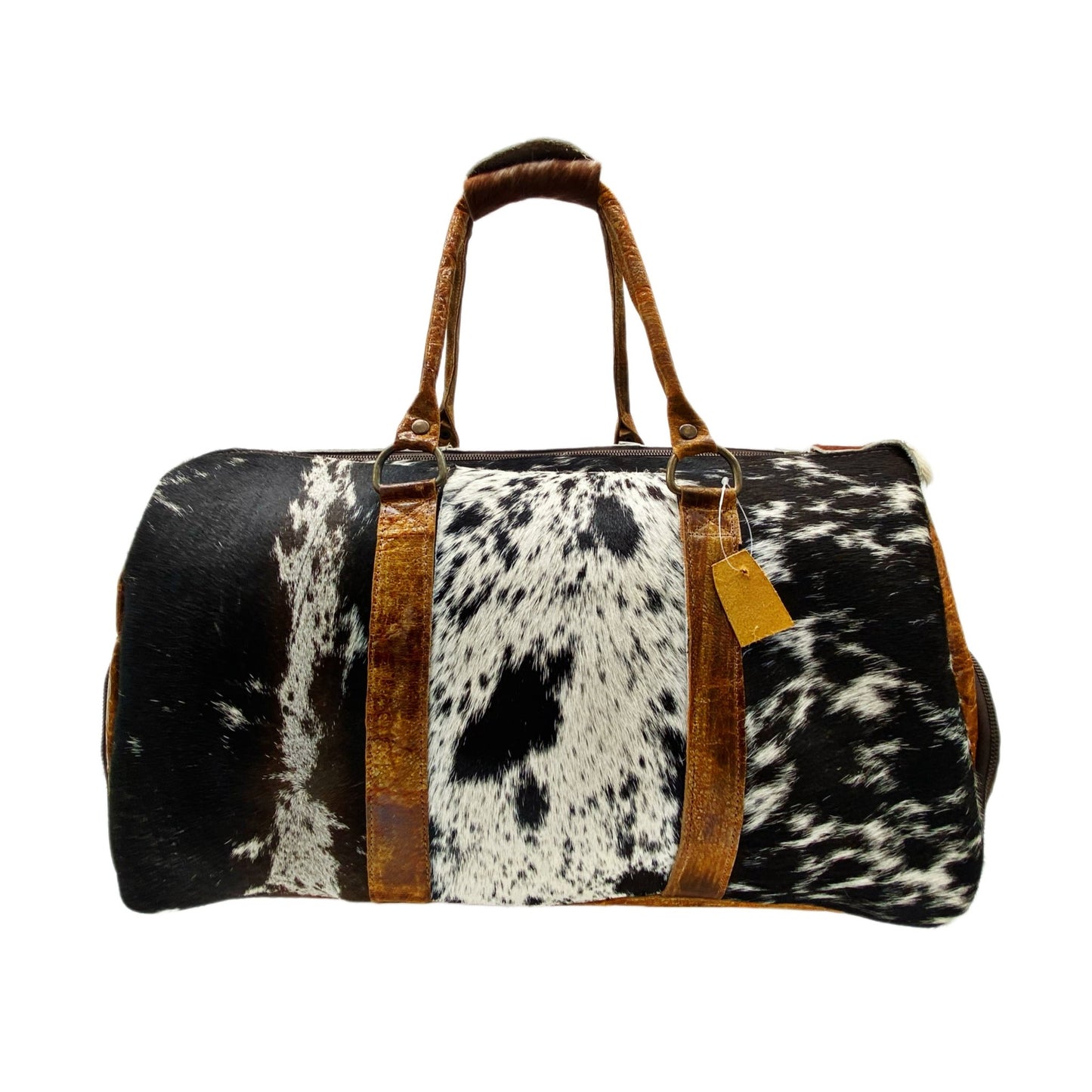 Black and White Spotted Cowhide Genuine Distressed Leather Barrel Duffel Bag - Sobék