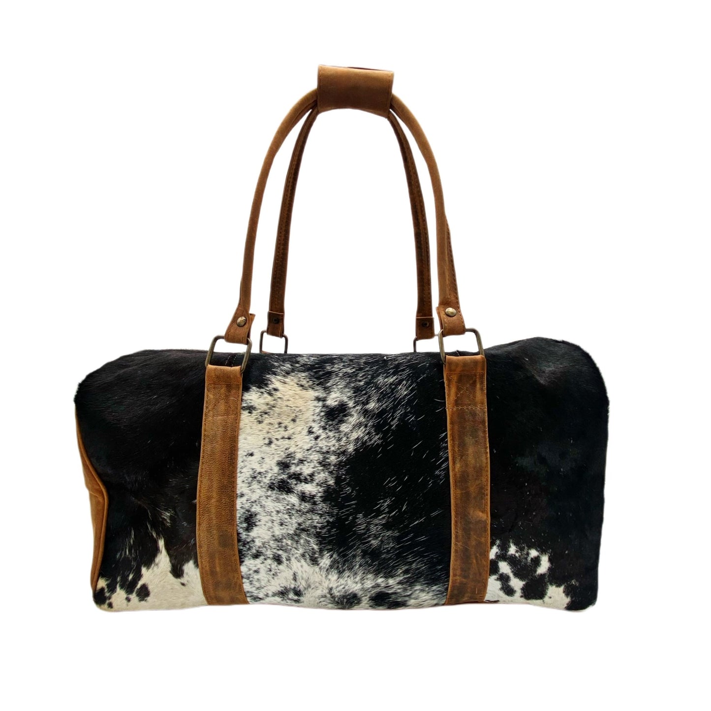 Black and White Spotted Cowhide Genuine Distressed Leather Barrel Duffel Bag - Sobék
