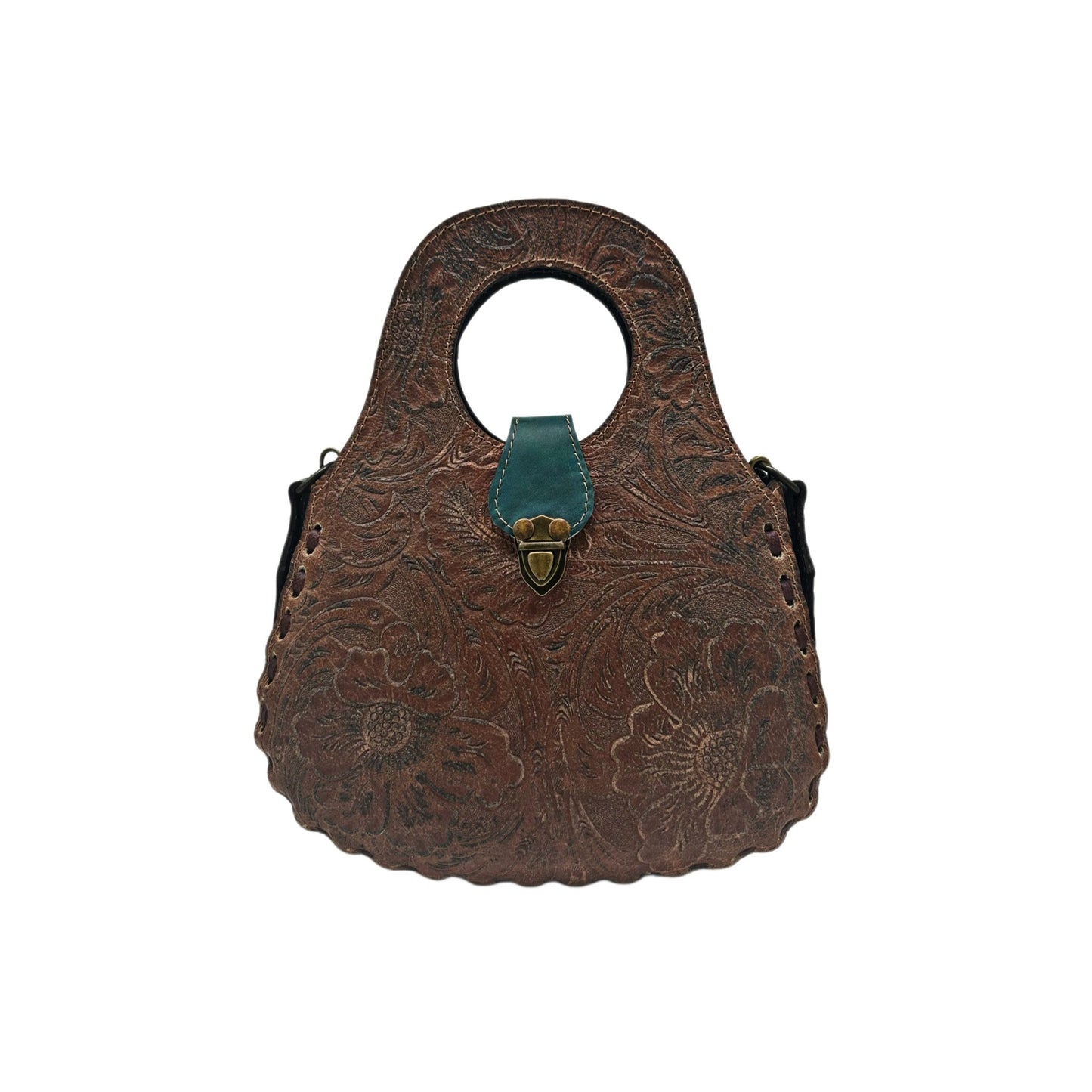 Blossom Floral Tooled Leather Round Top Handle Purse - Sobék
