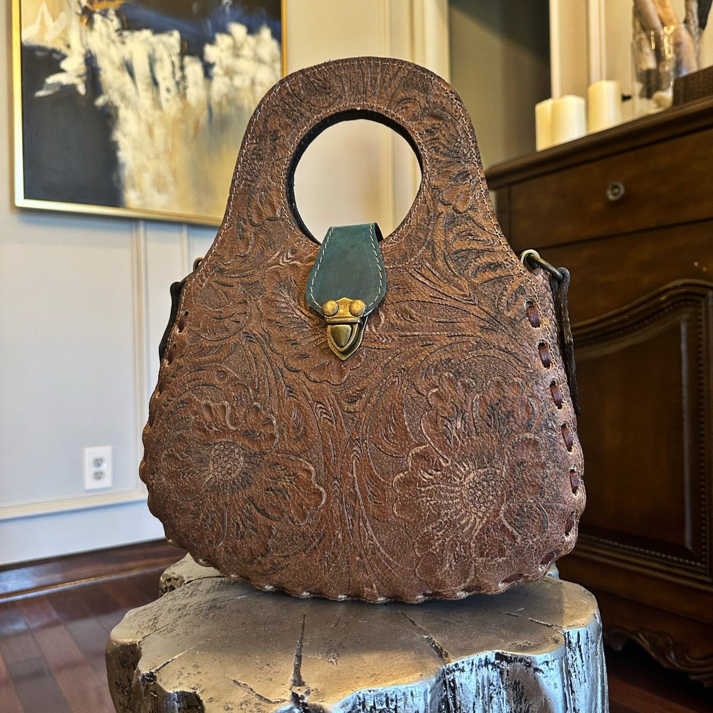 Blossom Floral Tooled Leather Round Top Handle Purse - Sobék