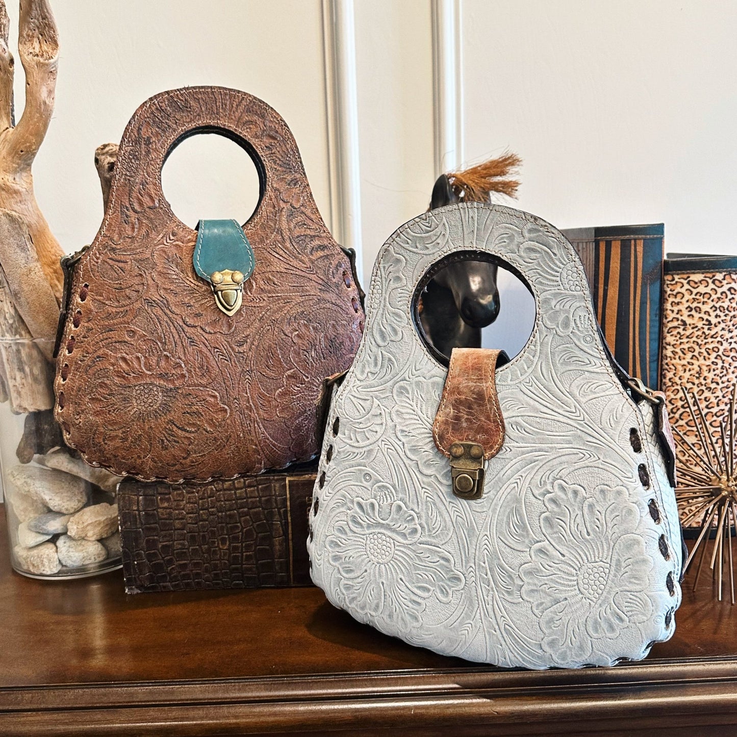 Blossom Floral Tooled Leather Round Top Handle Purse - Sobék
