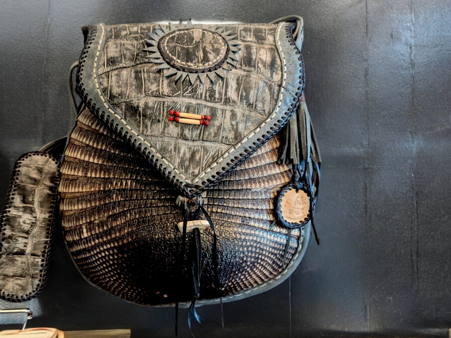 Bohemian Armadillo Shell Whipstitch Messenger Bag, Antler Bone Closure, Handmade Bohemian Bag Alligator Leather and Fringe Purse Charm - Sobék