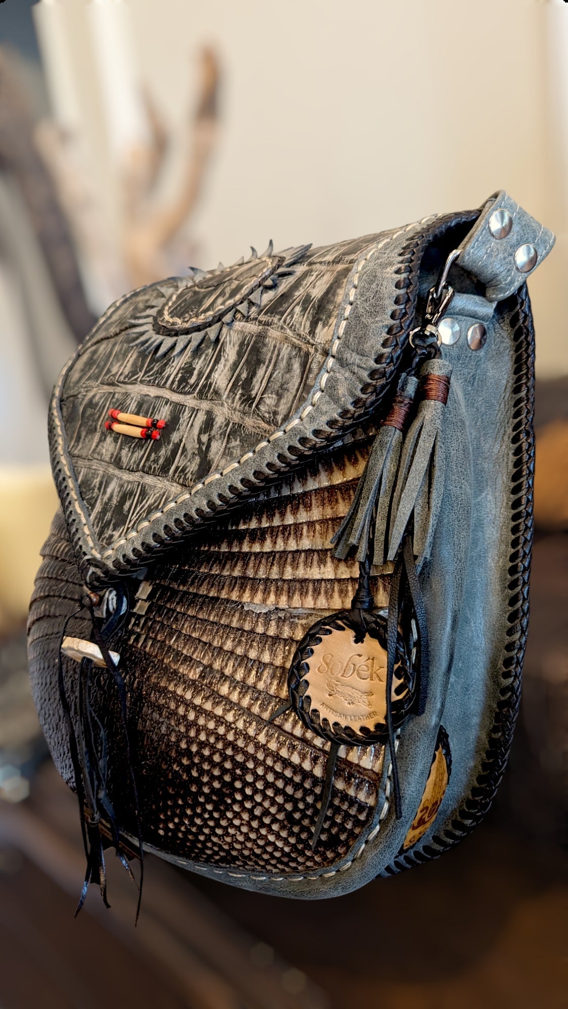Bohemian Armadillo Shell Whipstitch Messenger Bag, Antler Bone Closure, Handmade Bohemian Bag Alligator Leather and Fringe Purse Charm - Sobék