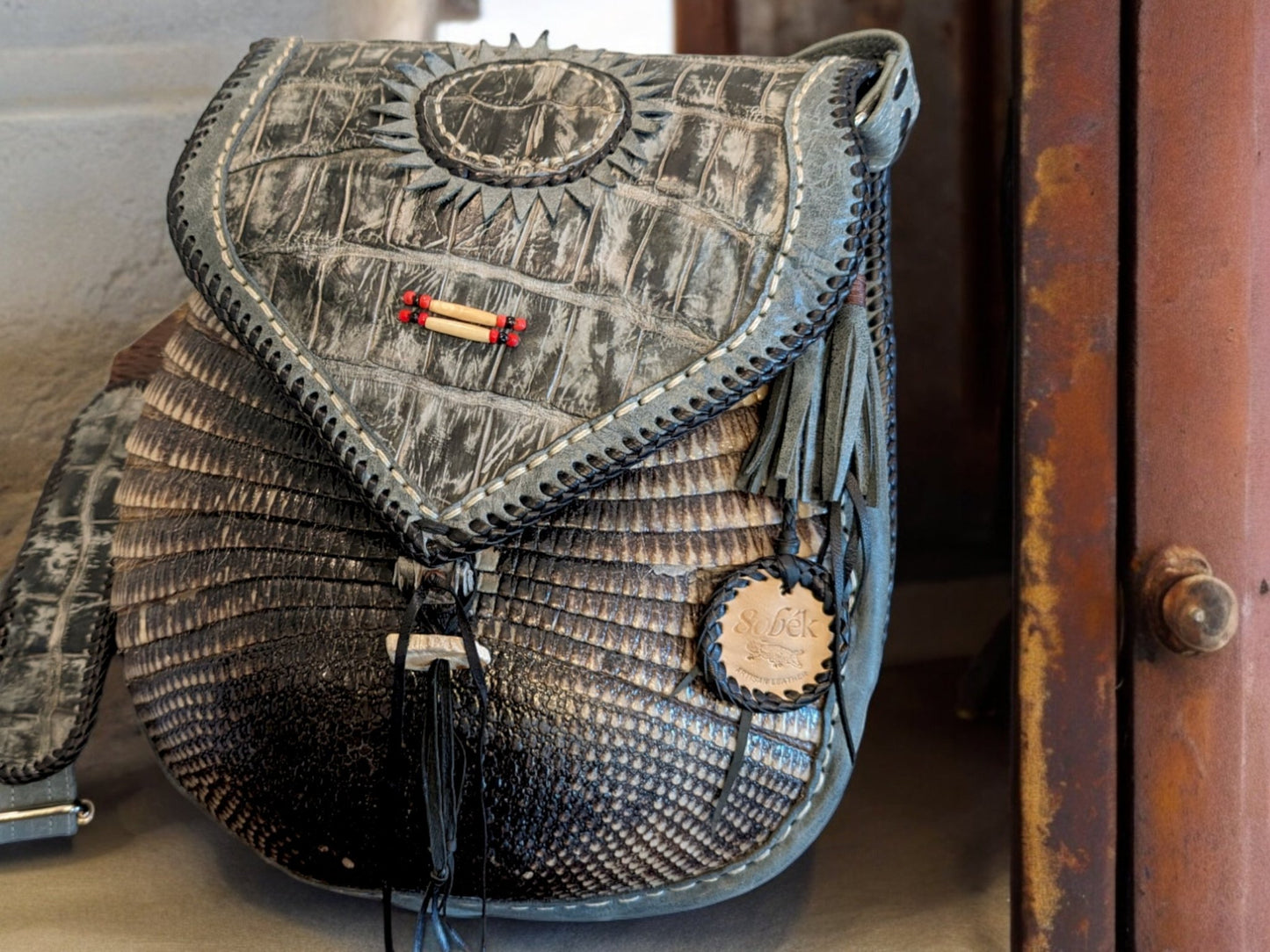Bohemian Armadillo Shell Whipstitch Messenger Bag, Antler Bone Closure, Handmade Bohemian Bag Alligator Leather and Fringe Purse Charm - Sobék