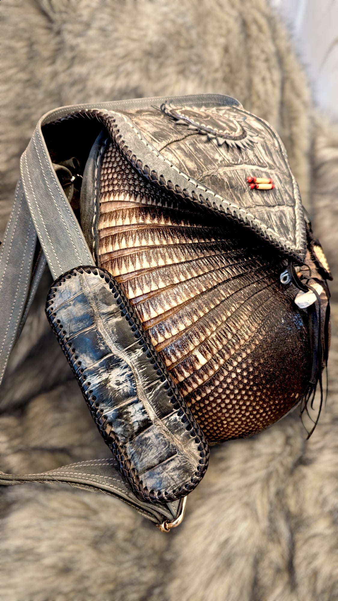 Bohemian Armadillo Shell Whipstitch Messenger Bag, Antler Bone Closure, Handmade Bohemian Bag Alligator Leather and Fringe Purse Charm - Sobék