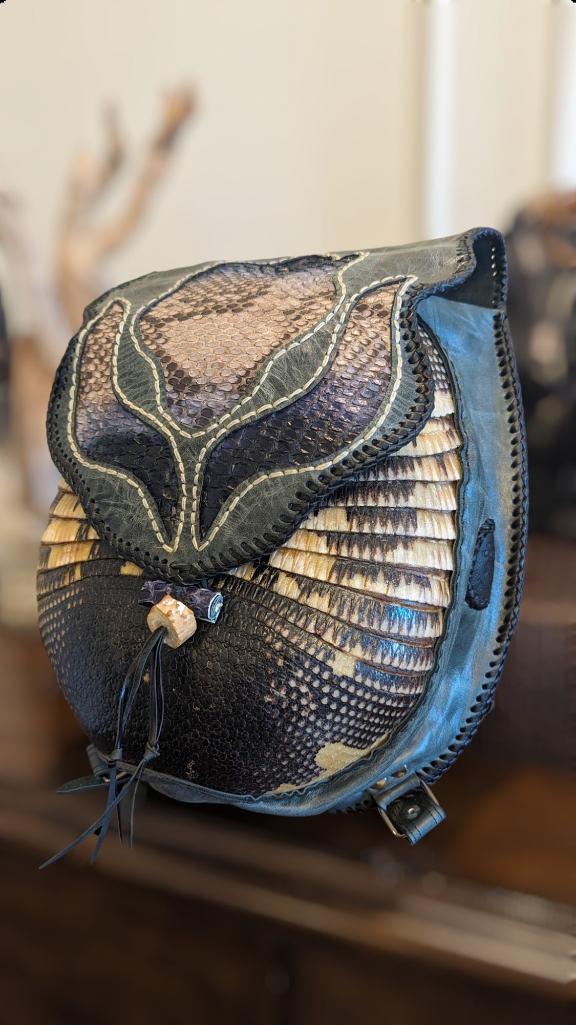 Bohemian Armadillo Snakeskin Whipstitch Leather Backpack with Antler Bone Closure, Bohemian Bag with Armadillo Shell and Fringe Charm - Sobék