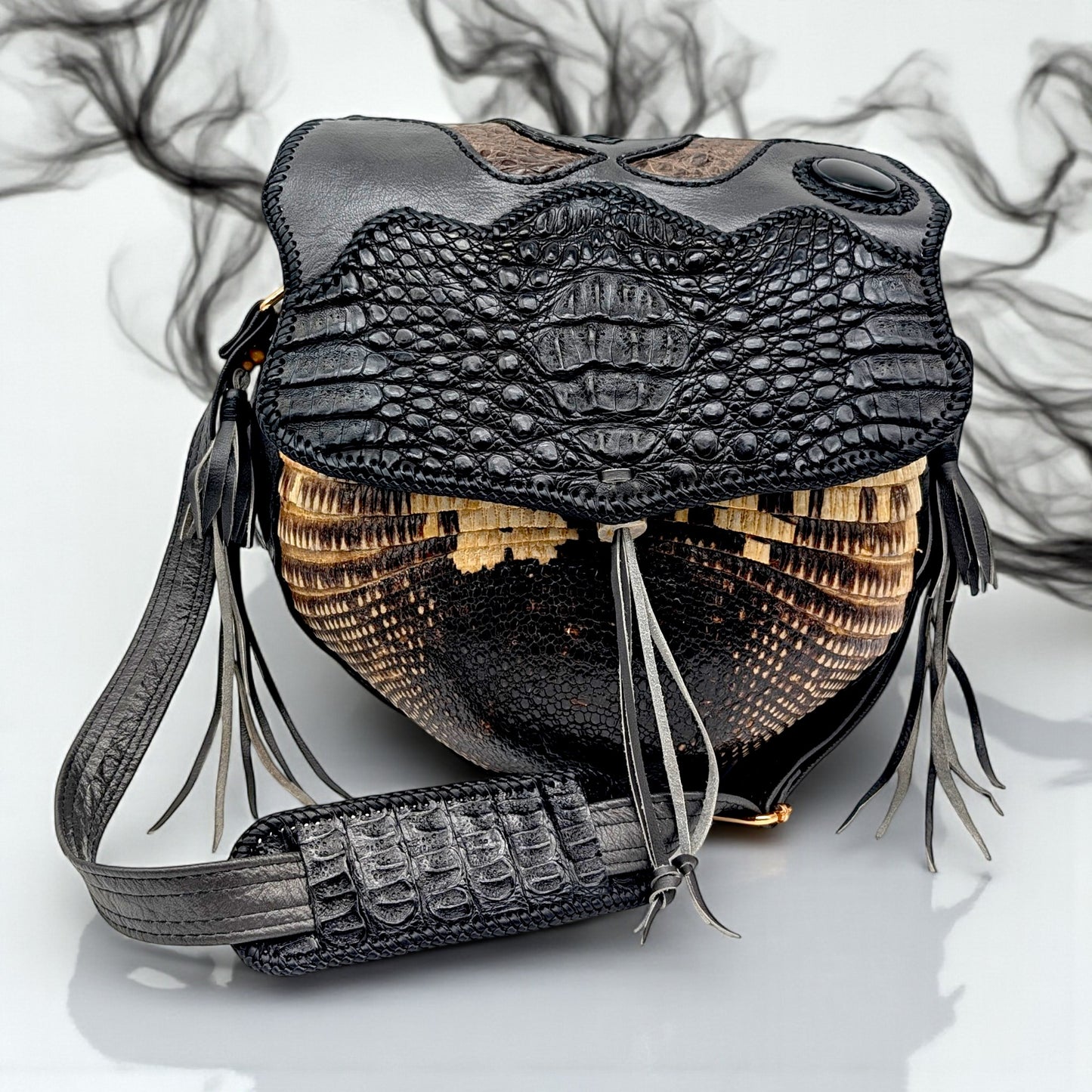 Artisan Armadillo Shell Bag with Alligator Hornback Crown, Obsidian Stone & Antler – One of a Kind