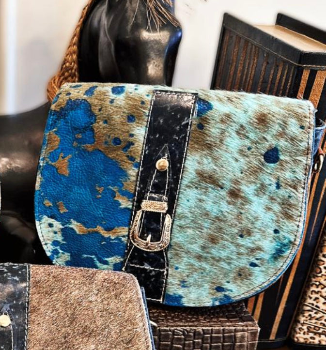 Speckled Denim Floral Tooled Leather Cowhide Crossbody Purse