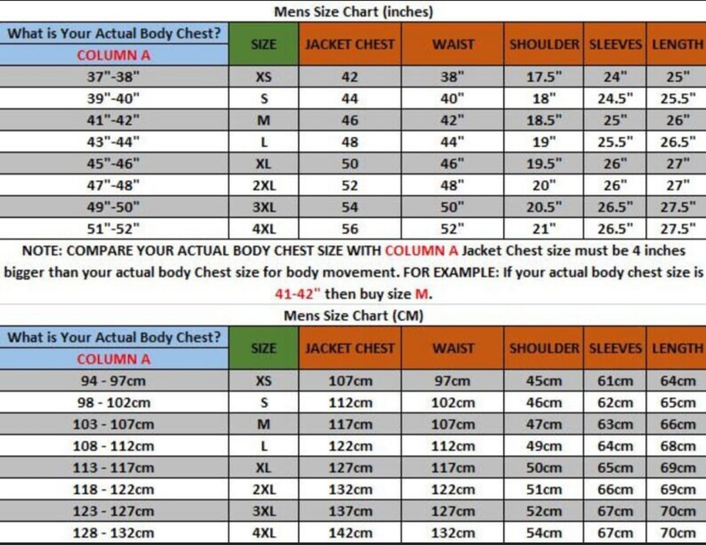 leather jacket size chart