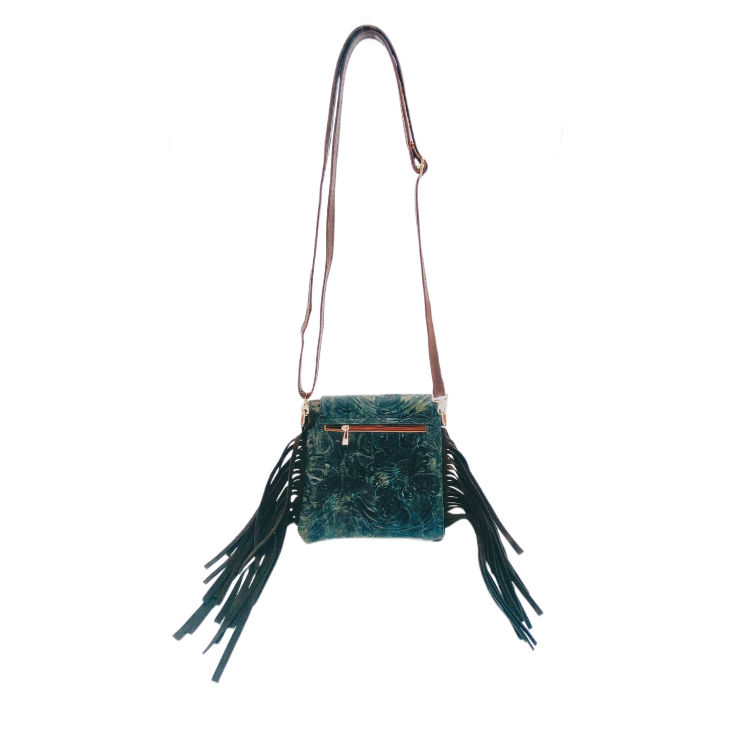 Fleurbleu Mini Floral Tooled Leather Cowhide Fringe Purse