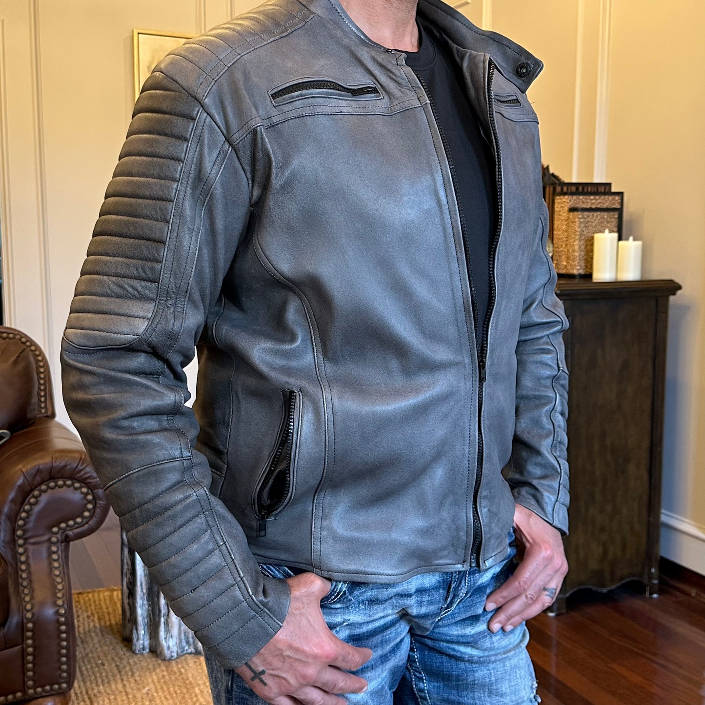 Fog Mist Distressed Roadster Leather Jacket