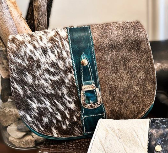 Speckled Denim Floral Tooled Leather Cowhide Crossbody Purse
