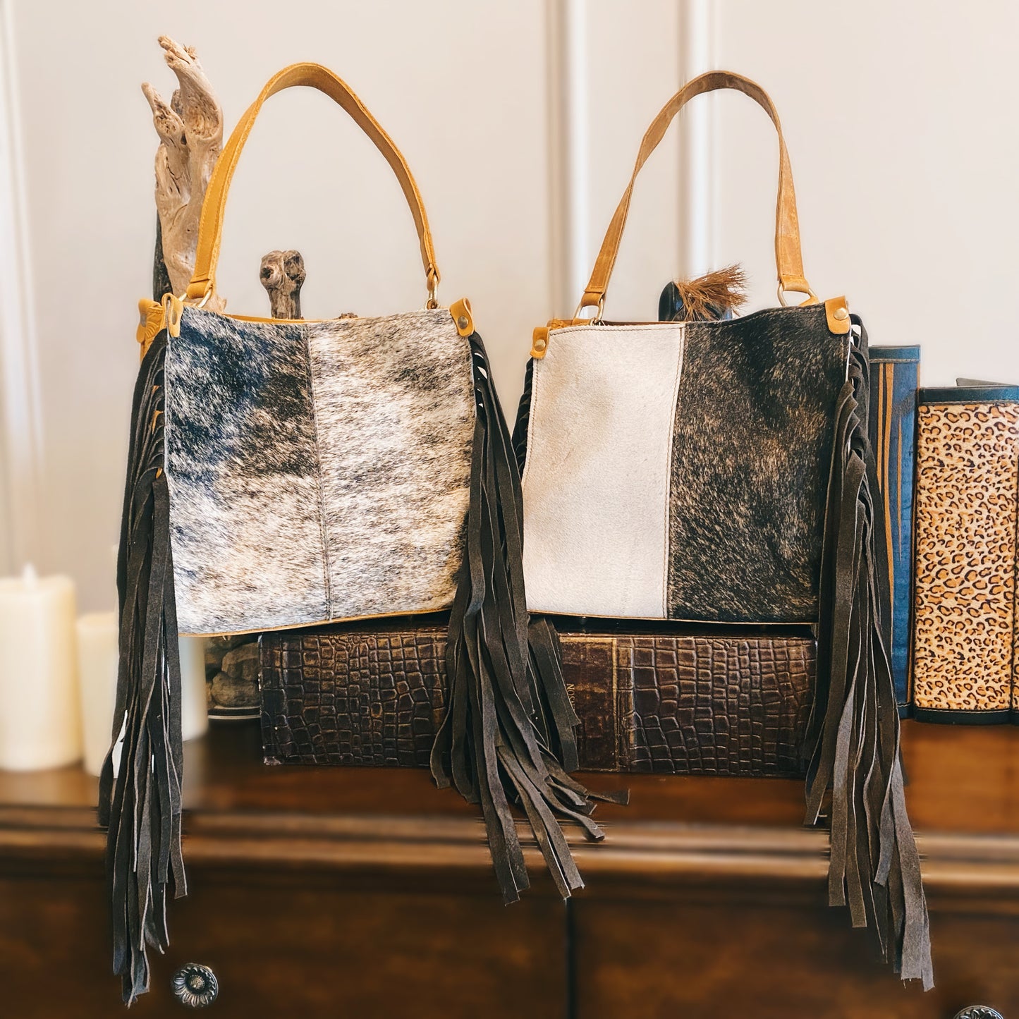 Outlaw Duotone Cowhide Fringe Crossbody Tote
