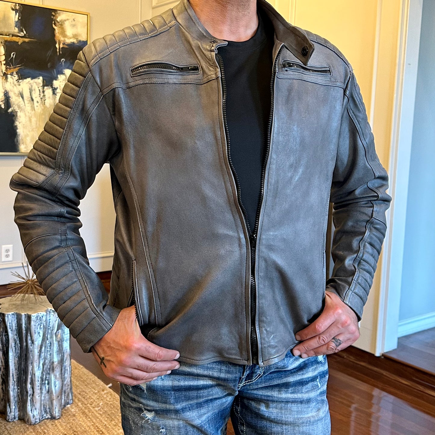 Fog Mist Distressed Roadster Leather Jacket