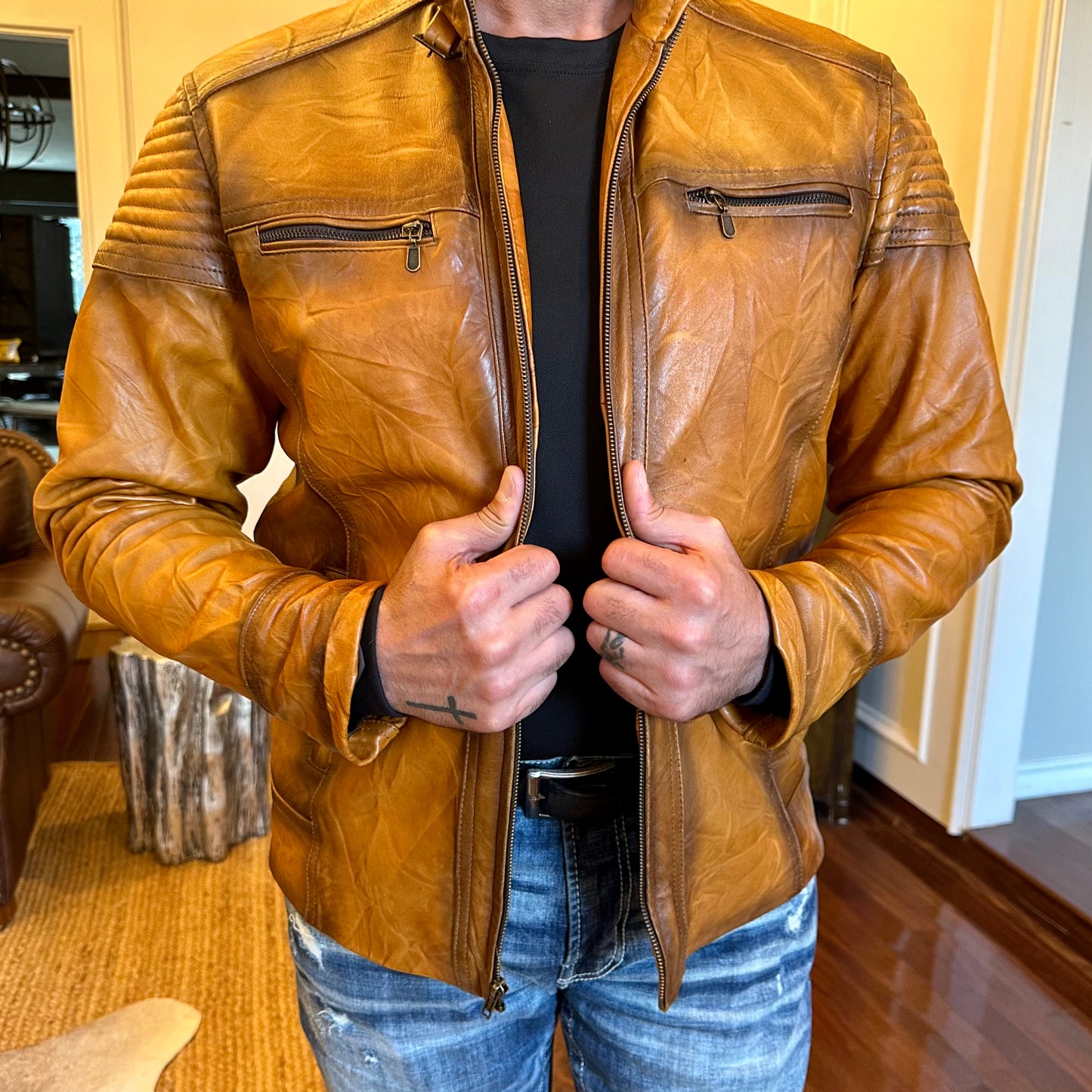Men's Ovine Leather Jacket, Handmade Lambskin Biker Style with Zipper Pockets – Tan Brown