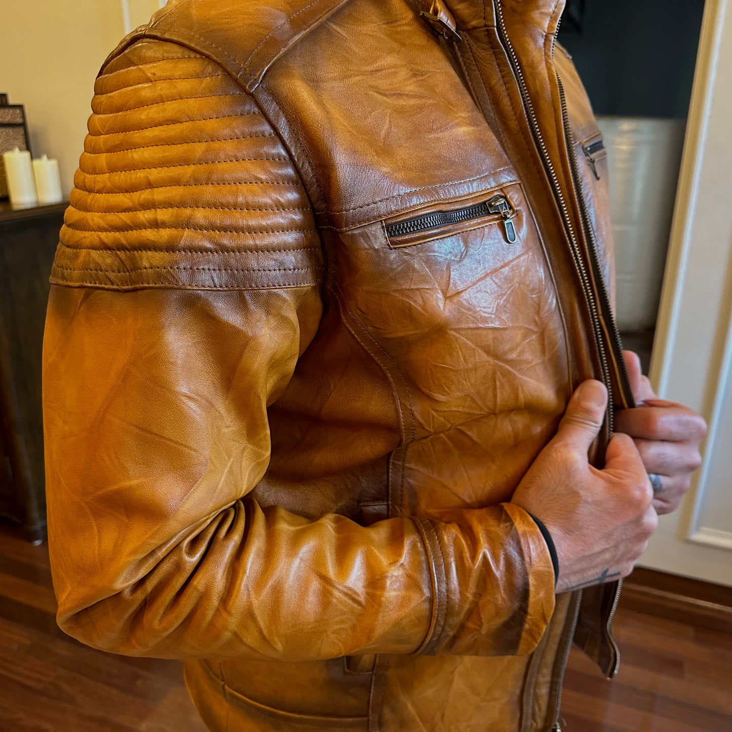 Men's Ovine Leather Jacket, Handmade Lambskin Biker Style with Zipper Pockets – Tan Brown