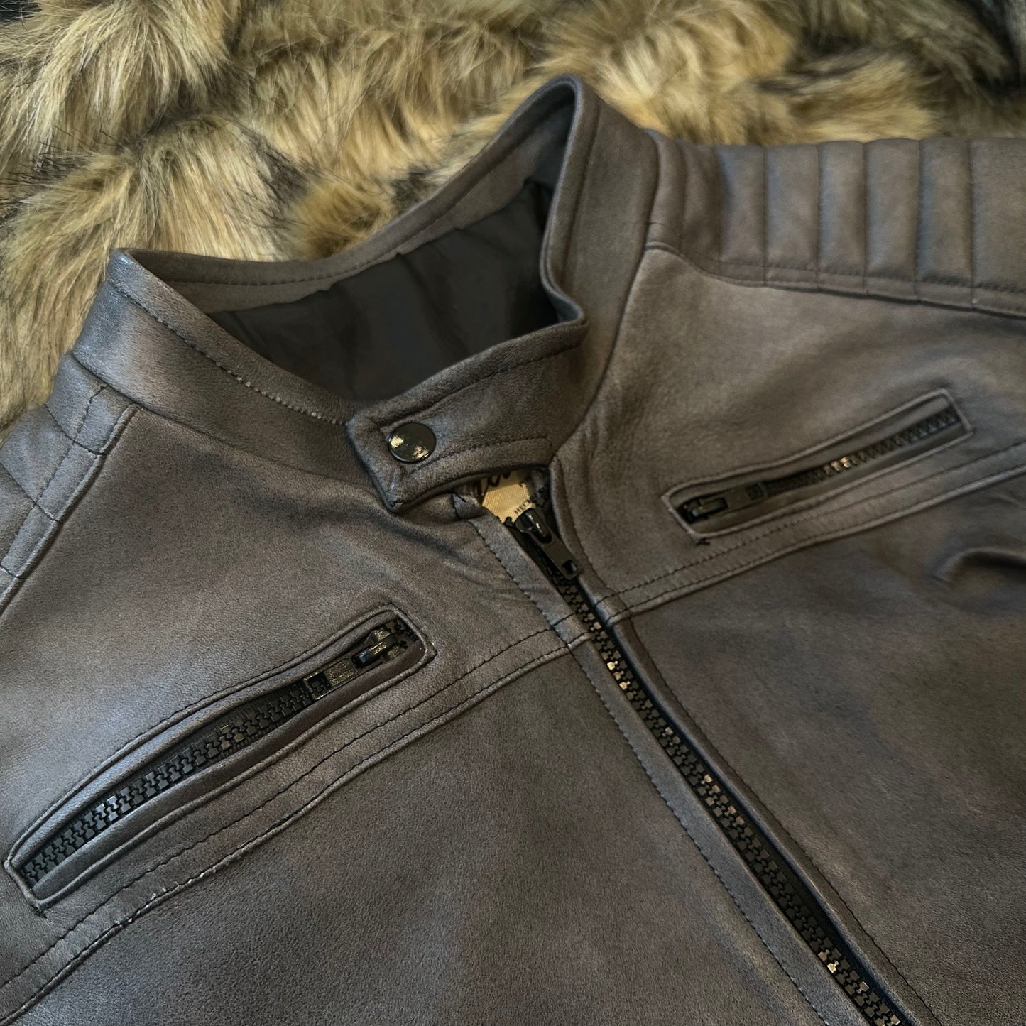 Fog Mist Distressed Roadster Leather Jacket