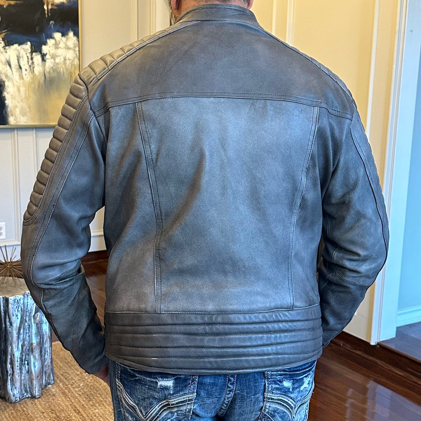 Fog Mist Distressed Roadster Leather Jacket