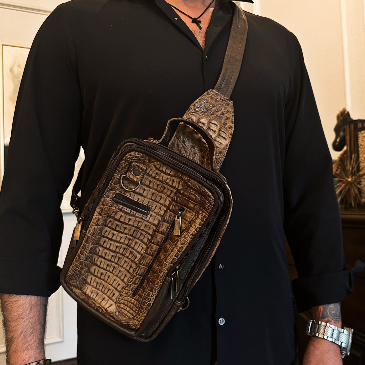 men's hornback alligator sling bag