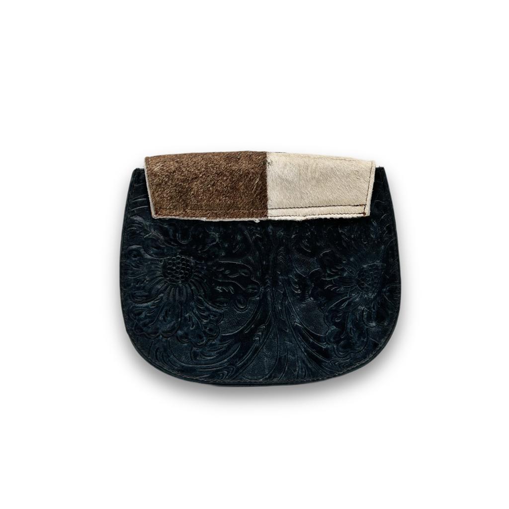 Speckled Denim Floral Tooled Leather Cowhide Crossbody Purse