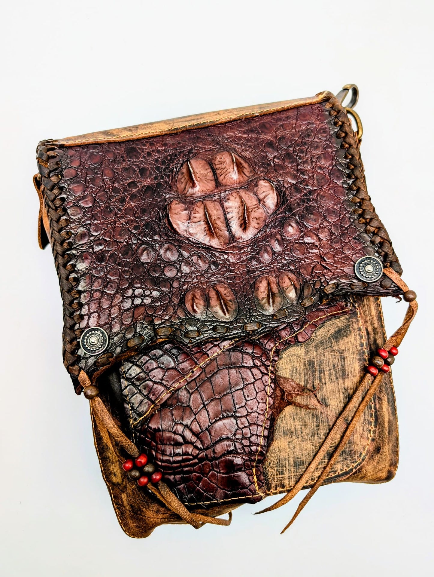 Bohemian Alligator Hornback Leather Hip Bag with Beaded Tassels
