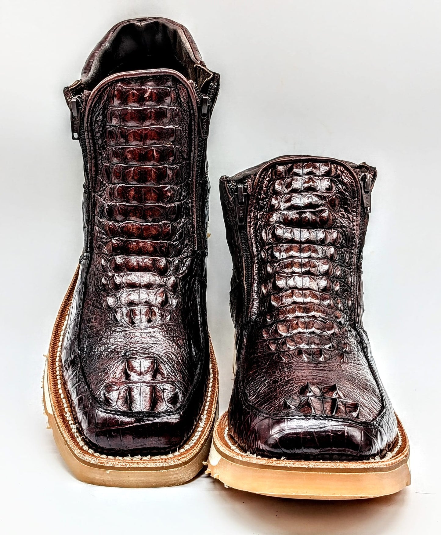 Sobek's Hornback Alligator Ostrich Ankle Boots for Men, Chelsea Style, Dual Zipper, Goodyear Welt, Lug Sole, Handmade Exotic Leather