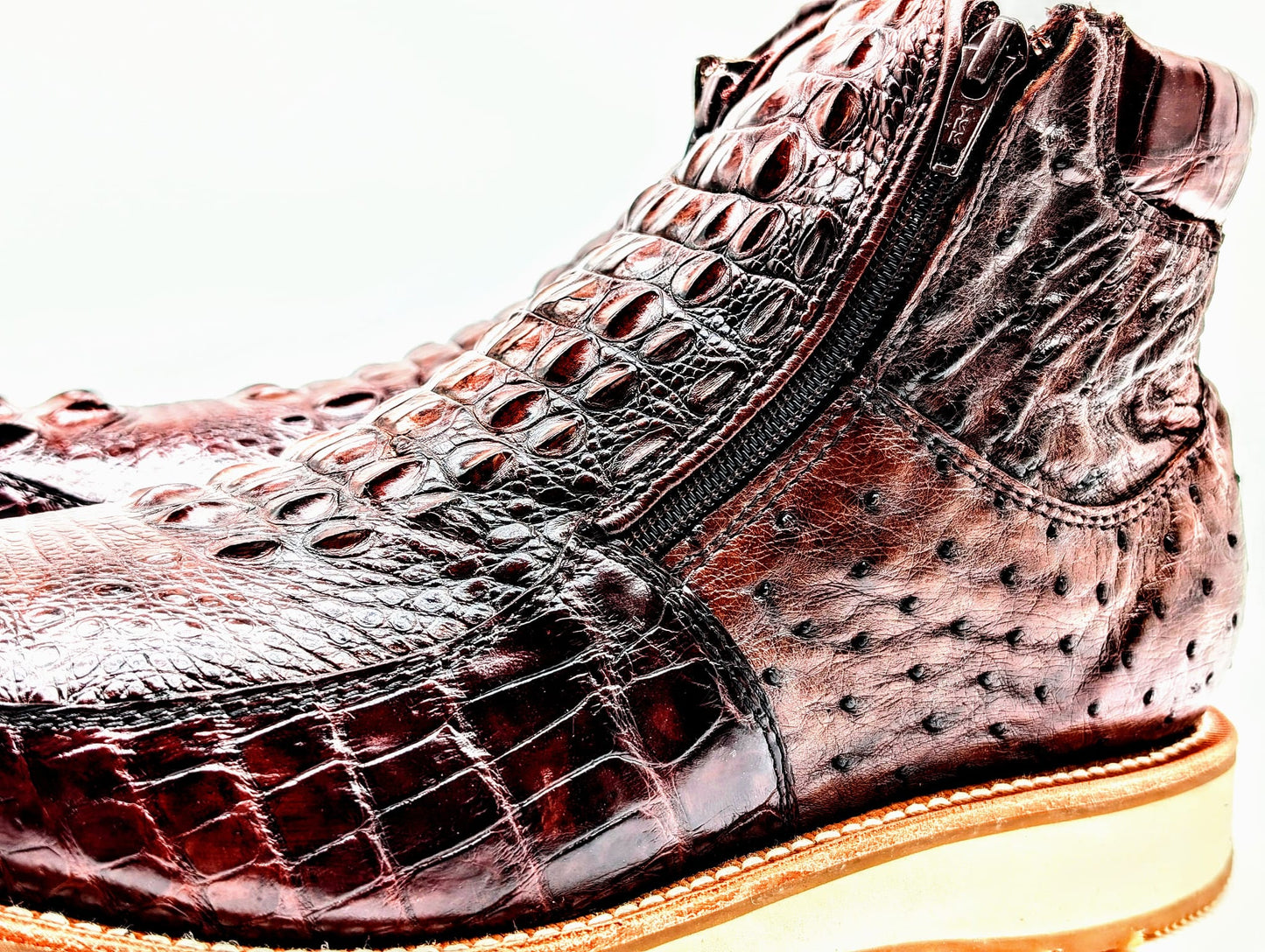 Sobek's Hornback Alligator Ostrich Ankle Boots for Men, Chelsea Style, Dual Zipper, Goodyear Welt, Lug Sole, Handmade Exotic Leather