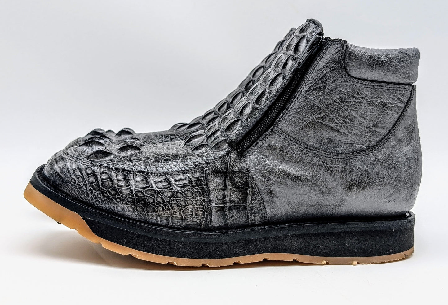 Sobek's Hornback Alligator Ostrich Ankle Boots, Chelsea Boots, Dual Zipper, Goodyear Welt, Lug Sole, Handmade Exotic Leather