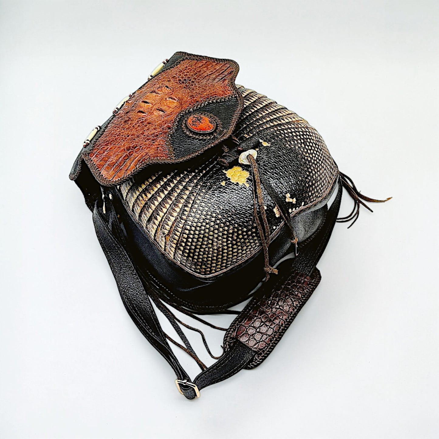 Artisan Armadillo Shell Bag with Alligator Hornback Crown, Mahogany Obsidian Stone & Antler – One of a Kind