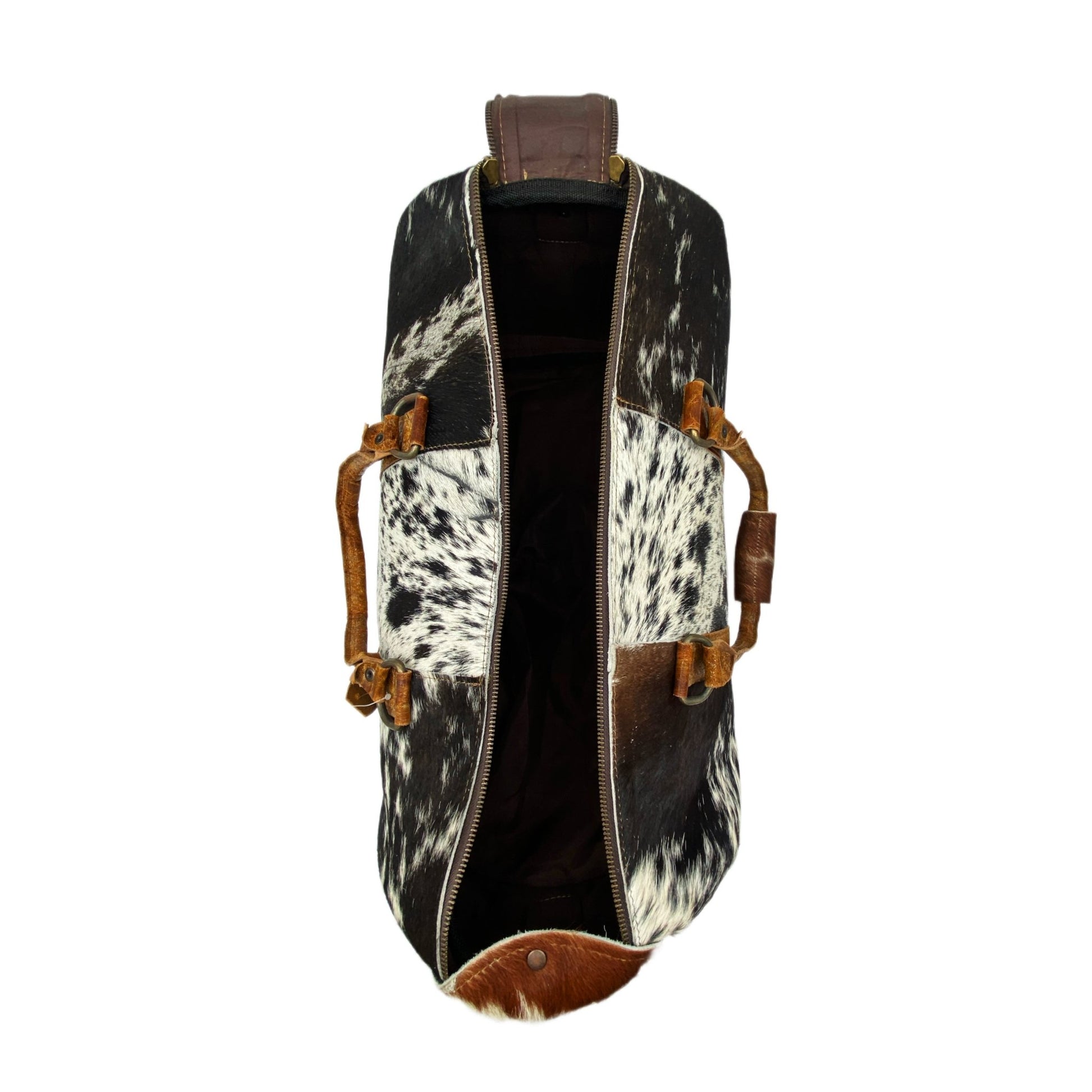 Black and White Spotted Cowhide Genuine Distressed Leather Barrel Duffel Bag - Sobék