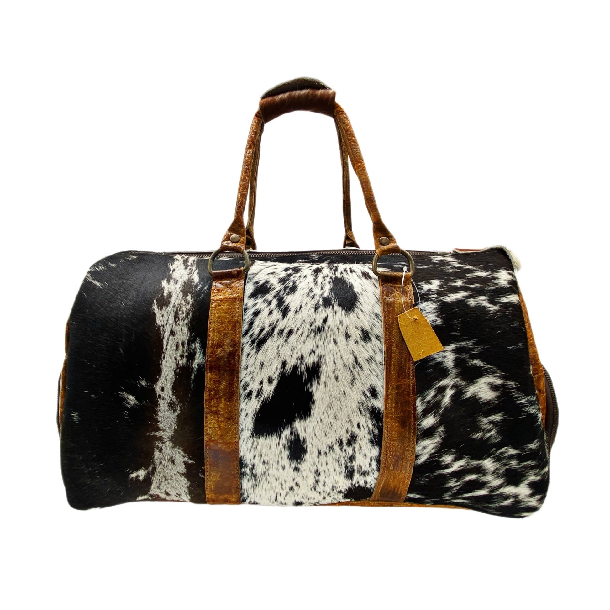 Black and White Spotted Cowhide Genuine Distressed Leather Barrel Duffel Bag - Sobék