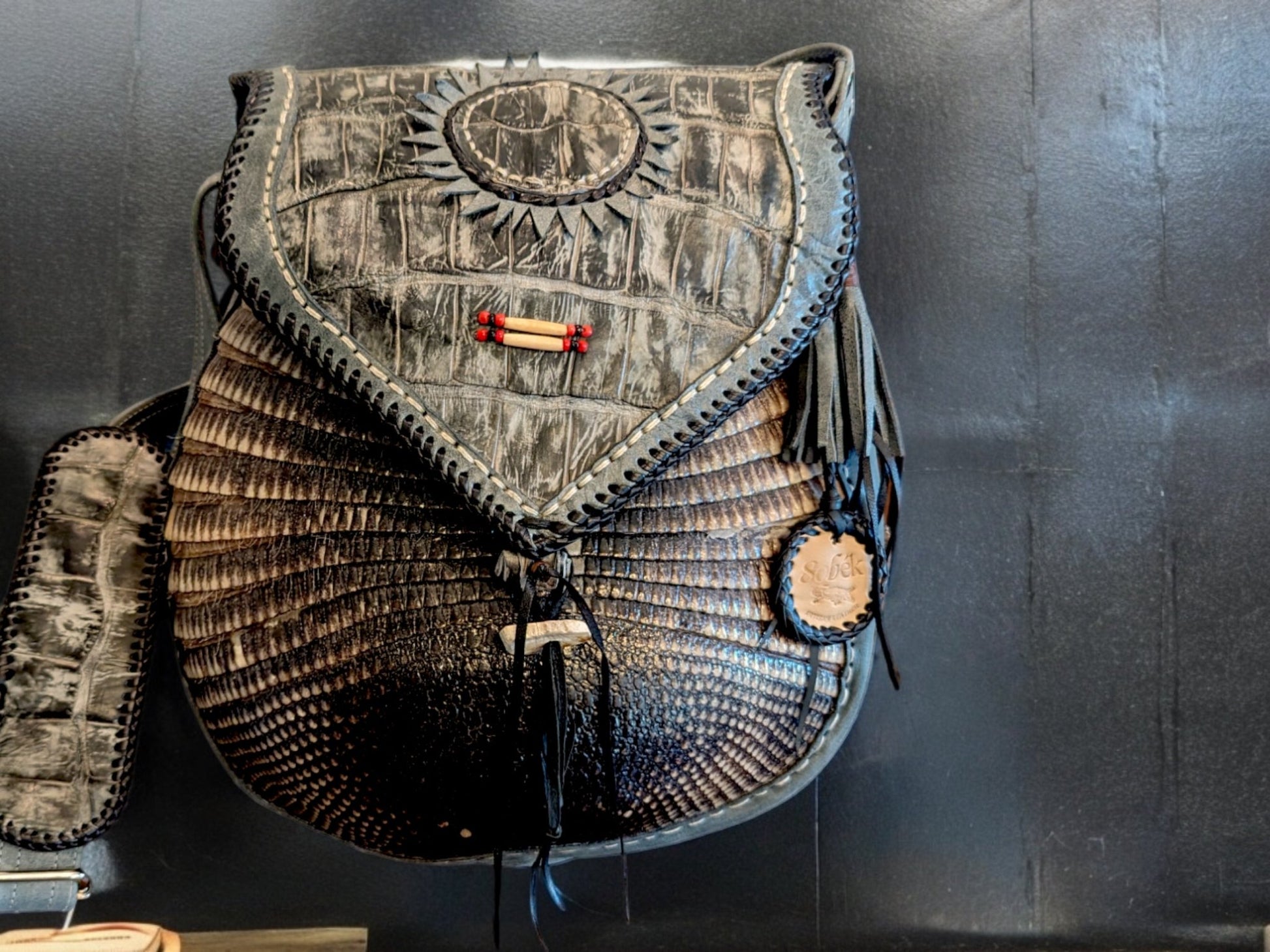 Bohemian Armadillo Shell Whipstitch Messenger Bag, Antler Bone Closure, Handmade Bohemian Bag Alligator Leather and Fringe Purse Charm - Sobék