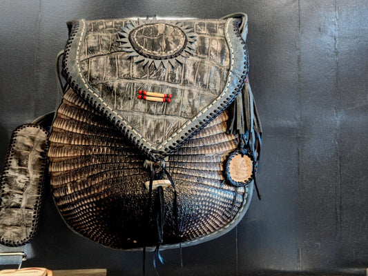 Bohemian Armadillo Shell Whipstitch Messenger Bag, Antler Bone Closure, Handmade Bohemian Bag Alligator Leather and Fringe Purse Charm - Sobék