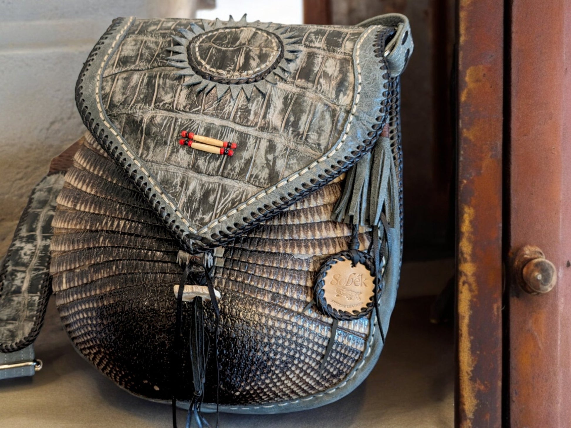 Bohemian Armadillo Shell Whipstitch Messenger Bag, Antler Bone Closure, Handmade Bohemian Bag Alligator Leather and Fringe Purse Charm - Sobék