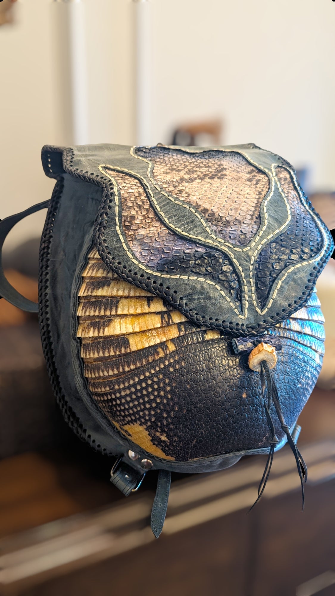 Bohemian Armadillo Snakeskin Whipstitch Leather Backpack with Antler Bone Closure, Bohemian Bag with Armadillo Shell and Fringe Charm - Sobék