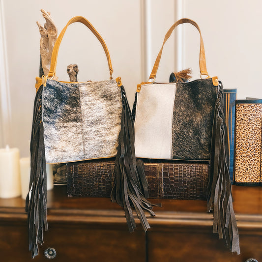 Outlaw Duotone Cowhide Fringe Crossbody Tote