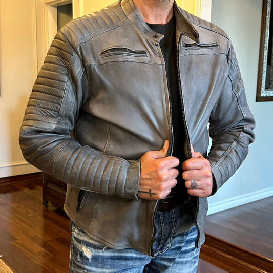 Fog Mist Distressed Roadster Leather Jacket